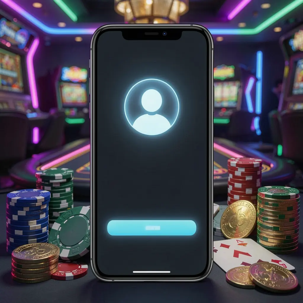 RM777 casino app login scene on a smartphone with glowing user profile icon, surrounded by chips, cards, and coins against an elegant dark background with neon highlights