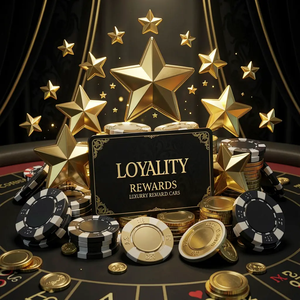 RM777 loyalty rewards casino image featuring golden stars, poker chips, coins, and a luxury reward card against an elegant black and gold background in a realistic 3D render
