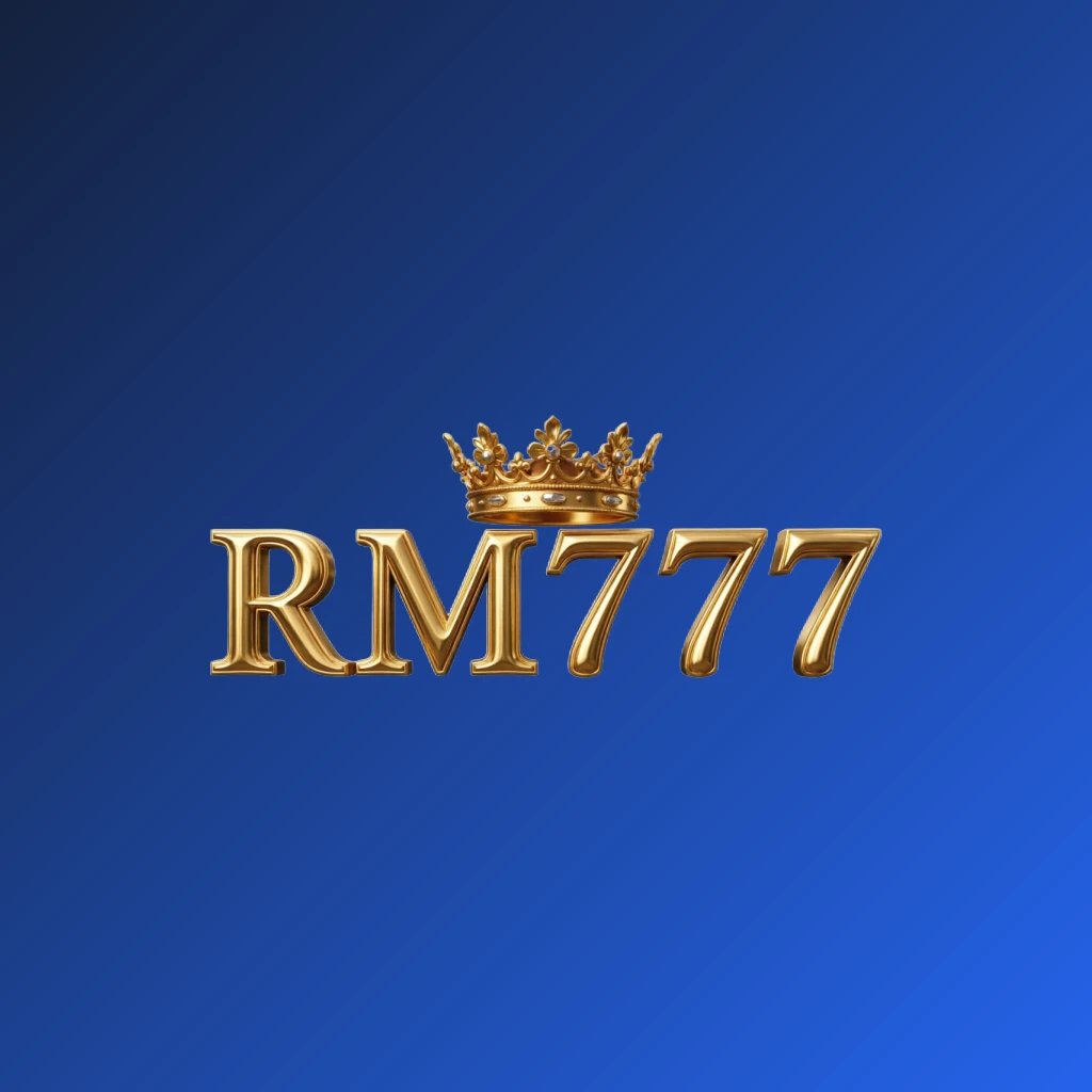 RM777 luxury brand logo with a gold metallic crown above the letters, featuring a royal and elegant design on a transparent background, perfect for a website header