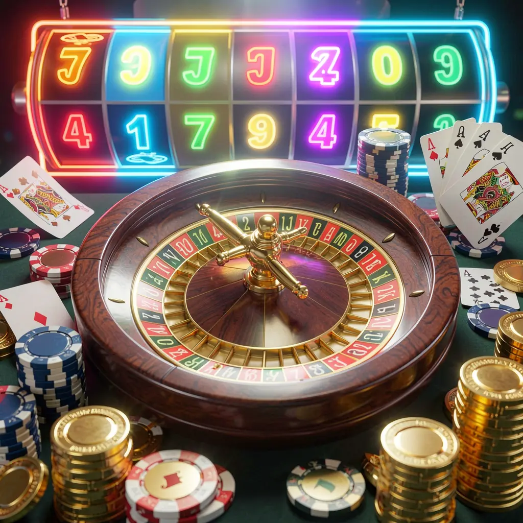 RM777 casino homepage visual featuring a realistic 3D render of a roulette wheel, poker chips, playing cards, golden coins, and bright neon jackpot lights in a dynamic composition